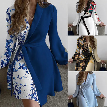 Fashion Floral Print Colorblock Tied Detail Work Dress For Women 2023 Autumn Long Sleeve V Neck Elegant Dresses Robe Femme