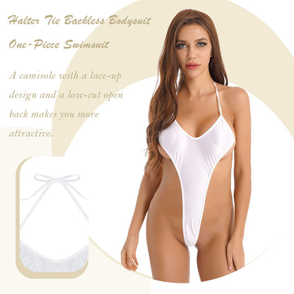 Women's Bikinis Glossy Monokini One Piece Bathing Suit Halter Lace-Up Thong Bodysuit Backless Teddy Babydoll Lingerie Nightwear