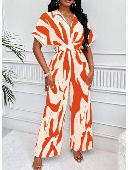 Sexy sleeveless women's V-neck jumpsuit, elegant suit with tight fitting print, one-piece, suitable for spring/summer 2024