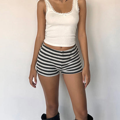 Women's Stripe Print Knit Shorts Low Rise Slim Fit Straight Leg Short Pants Streetwear