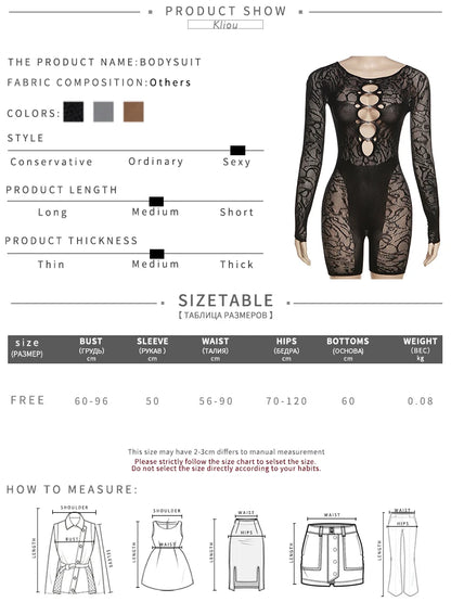 Kliou Mesh Hollow Out Diamond Short Stocking Lingerie Women Sexy O Neck Full Sleeves Body-shaping Romper Ladies Clubwear Overall