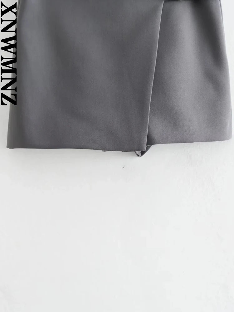 XNWMNZ 2024 Women's Fashion Asymmetric Mini Skirt Shorts Grey Black High Waist Wrap Skorts Female Casual Versatile Short Skirts