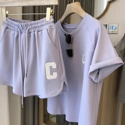 2 Pcs/Set Summer Women Tracksuit Pure Color Letter Print O Neck Top Shorts Set Short Sleeve Drawstring Elastic Waist Lady Outfit