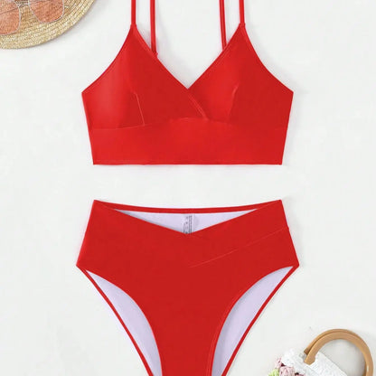 Sexy Cross  Bikini Set Deep V-neck Plain Swimming Suit  Fashion Cross High Waist Pants Sexy Bikini Suit