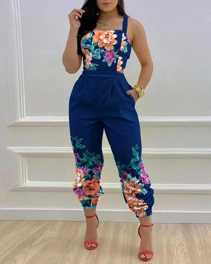 Sexy Hollowed Out Backless Rompers Summer Elegant Holiday Off Shoulder Playsuits Lady Casual Sleeveless Print Jumpsuits Women