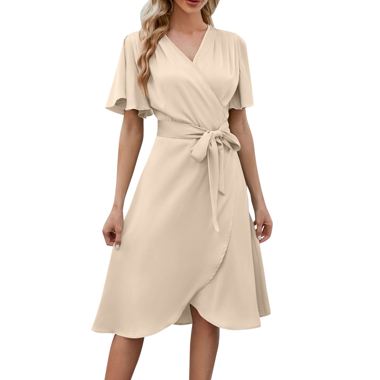 Spaghetti Elegant Ladies Dresses Summer Sale Satin V Neck Slim Waist Dress Bell Sleeve Summer Dresses For Women Plus Size