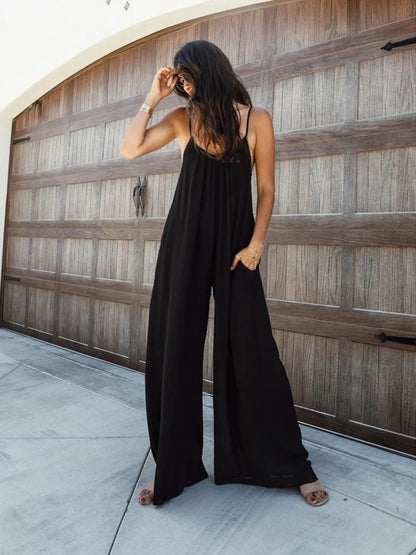 Loose Wide Leg American Jumpsuit Women Suspender Summer New Pockets Pants Casual Strap Female Solid Straight Seaside Clothing