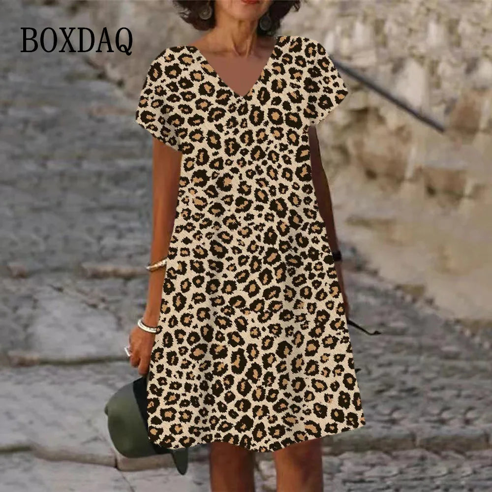 Oversized Summer Women 3D Printed Dress Casual Short Sleeve V-Neck Dress Fashion Elegant Female Sexy Classic Leopard Loose Dress