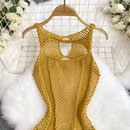 SINGREINY Yellow Sleeveless Jumpsuit Women Hollow Out O Neck Elegant Stretch Transparent Ladies Casual Summer Slim Rompers