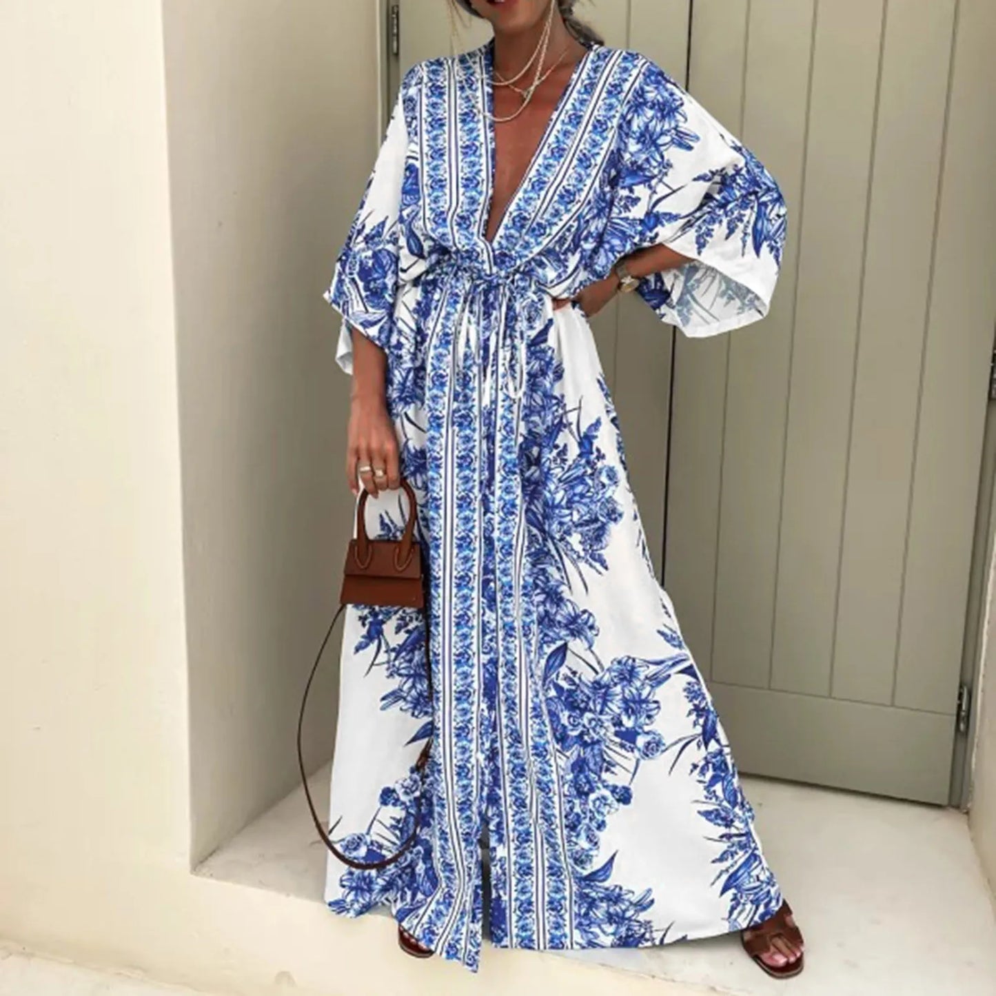 2024 Boho Print Half Sleeve Long Dress Women Fashion Japanese Kimono Lace-Up Robe Summer Sundress Holiday Beach Dress Vestidos