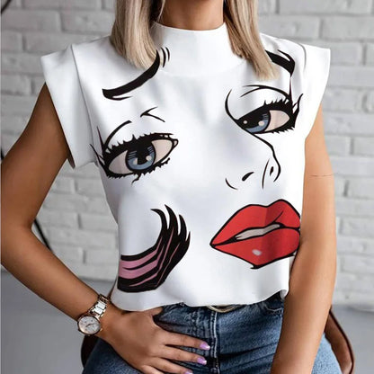 Fashion Women Elegant Lips Print Tops and Blouse Shirts 2024 Summer Ladies Office Casual Stand Neck Pullovers Eye Blusa Tops