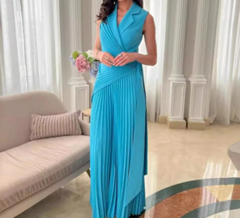 Women's Casual Jumpsuit 2024 Summer Latest Lapel Multi Pleated Solid Wide Leg Bodysuit Sleeveless High Waist Long Pants Romper