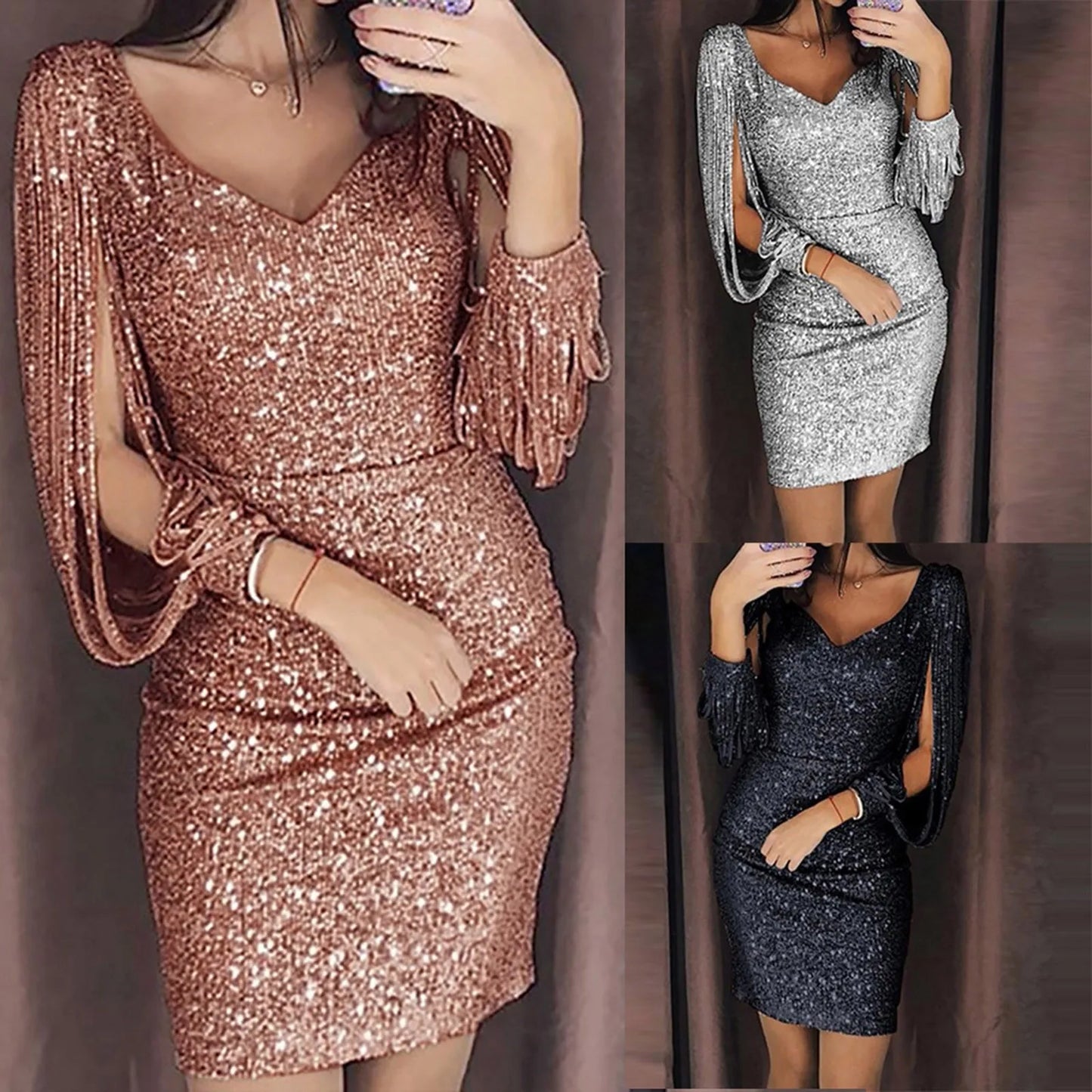 Sexy Sequin Tassel Long Sleeve Dress For Women V-neck Slim Hip Mini Skirt Party Dresses Clubwear Elegant Shiny Female New Year