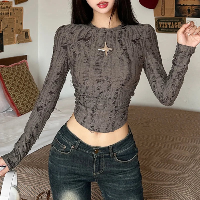 Nibber Vintage Distressed All-match Brown Fashionable Cool Youth Autumn Travel High Street Women Long-sleeved Cropped Mini Top