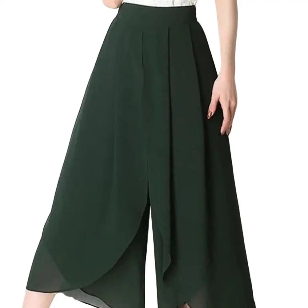 Women Skirt Pants See-through Chiffon Double Layers Split Hem High Elastic Waist Loose Wide Leg Mid-calf Length Cropped Pants