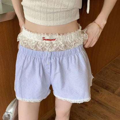 Sexy Cute Summer Striped Shorts Blue Pink Button Elastic Waist Shorts Lolita Lace Leggings For Women Girl