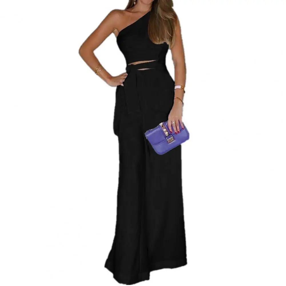 Women Jumpsuit One Shoulder Solid Color Sleeveless Slant Neck Hollow Out High Waist Wide Leg Lace-up OL Commute Style Floor Leng