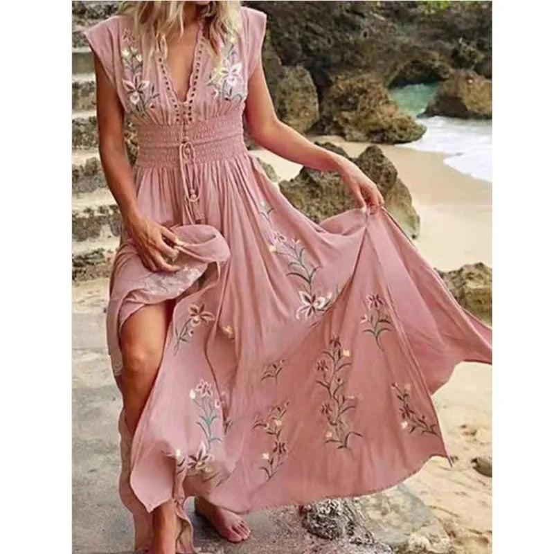 2024 New Summer Women's Deep V-neck Beach Bohemian Print Dress Ladies Sleeveless Sexy High Waist Lace-up Holiday Maxi Dress