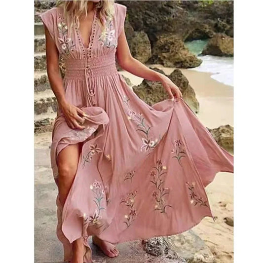 2024 New Summer Women's Deep V-neck Beach Bohemian Print Dress Ladies Sleeveless Sexy High Waist Lace-up Holiday Maxi Dress