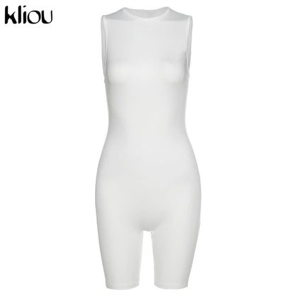 Kliou Zipper Rompers Women Summer Clothes Playsuits Sleeveless O-neck Solid Casual Body-Shaping Elastic Fitness Sporty Outfit