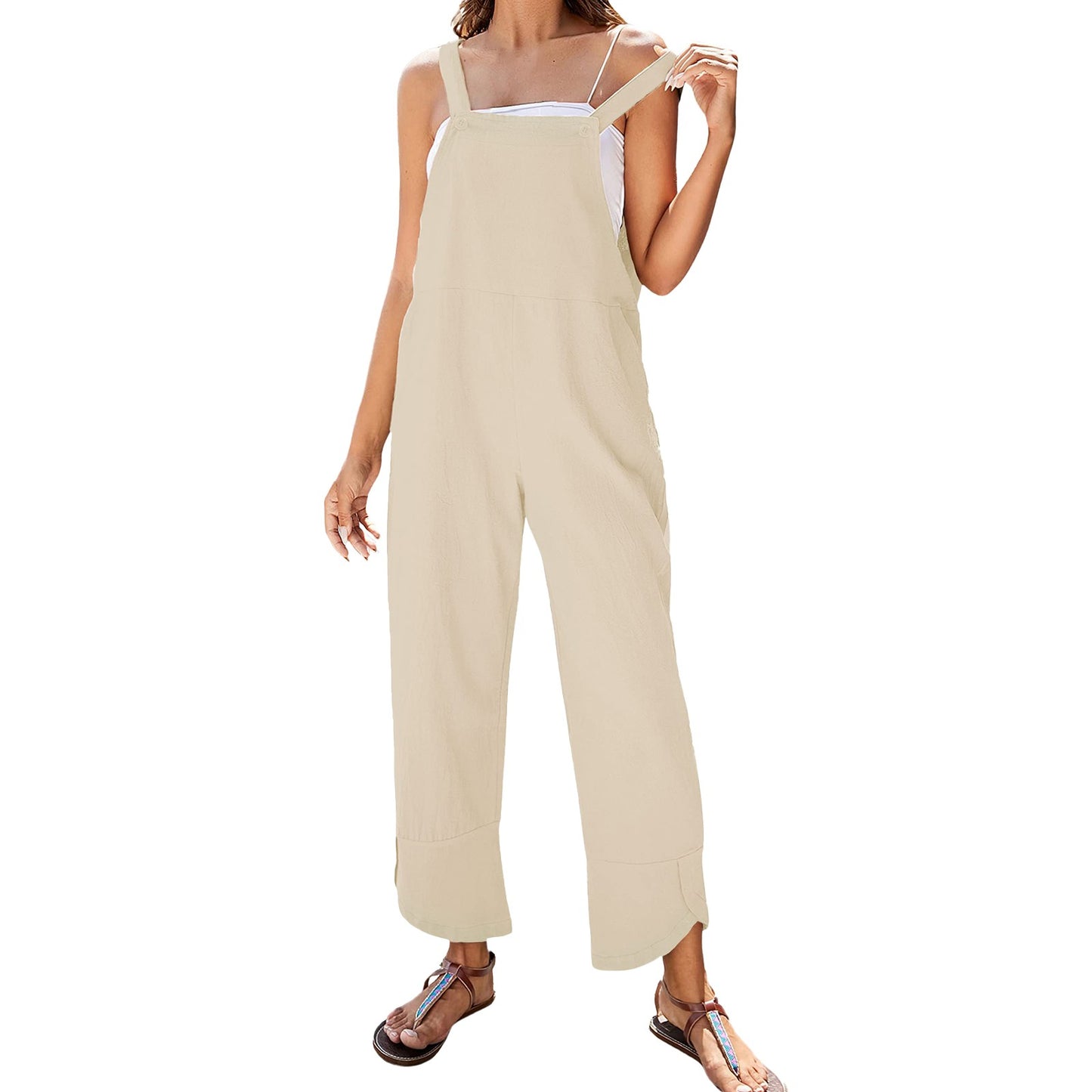 Women Sleeveless Cotton Linen Bib Jumpsuit Baggy Capri Casual Playsuits With Pockets Ribbed Jumpsuit For Women Overall Pants