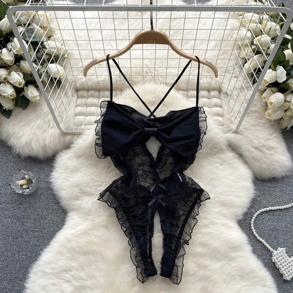 Underwear Sexy Camis Bodysuits Women Bow Hollow Out Fashion Open crotch Slim Playsuit Summer Singeric Lace Rompers Lingerie hot