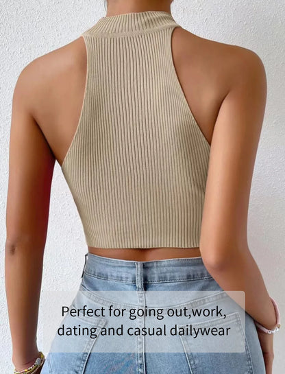 Knit Sleeveless Halter Tops for Women Basics Solid Slim Fitted Crop Womens Turtleneck Ribbed Vest Y2K High Neck Tank Tops