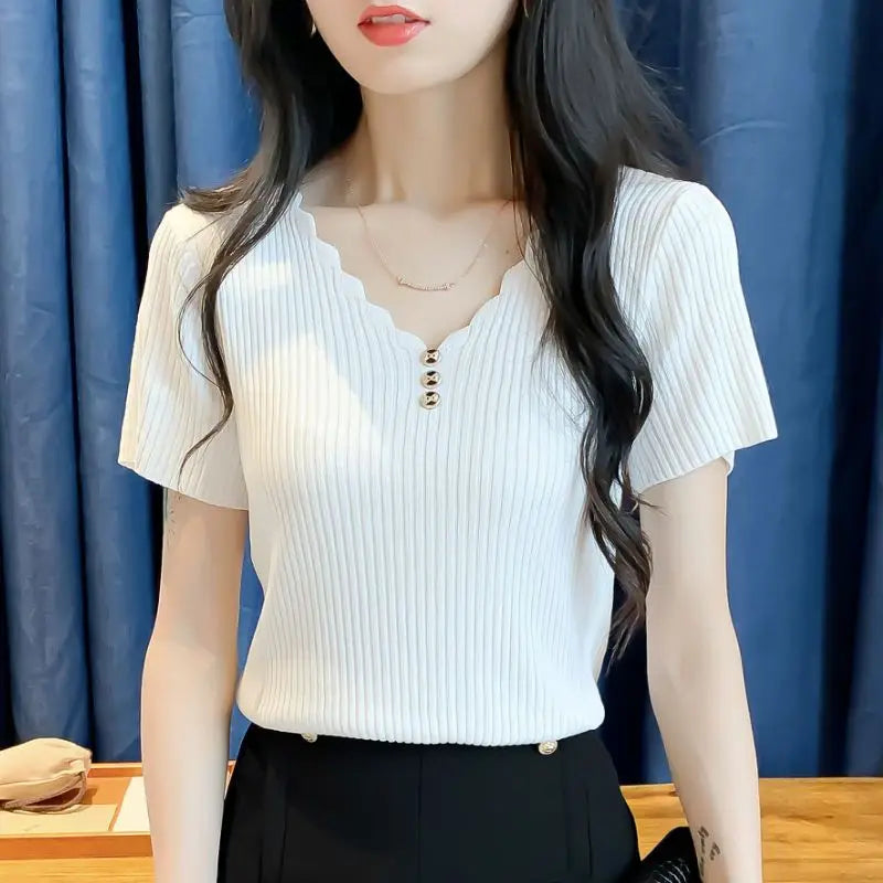 Korean Fashion Temperament Simple Summer Thin Ice Silk Short Sleeve T-shirt Women's Solid V-neck Patchwork Button Loose Knit Top