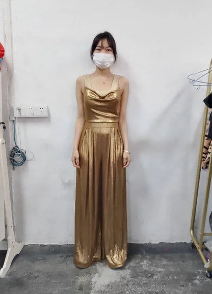 Female Casual Long Jumpsuits Temperament Commuting Cowl Neck Sleeveless Design Women Beaded Strap Metallic Wide Leg Jumpsuit