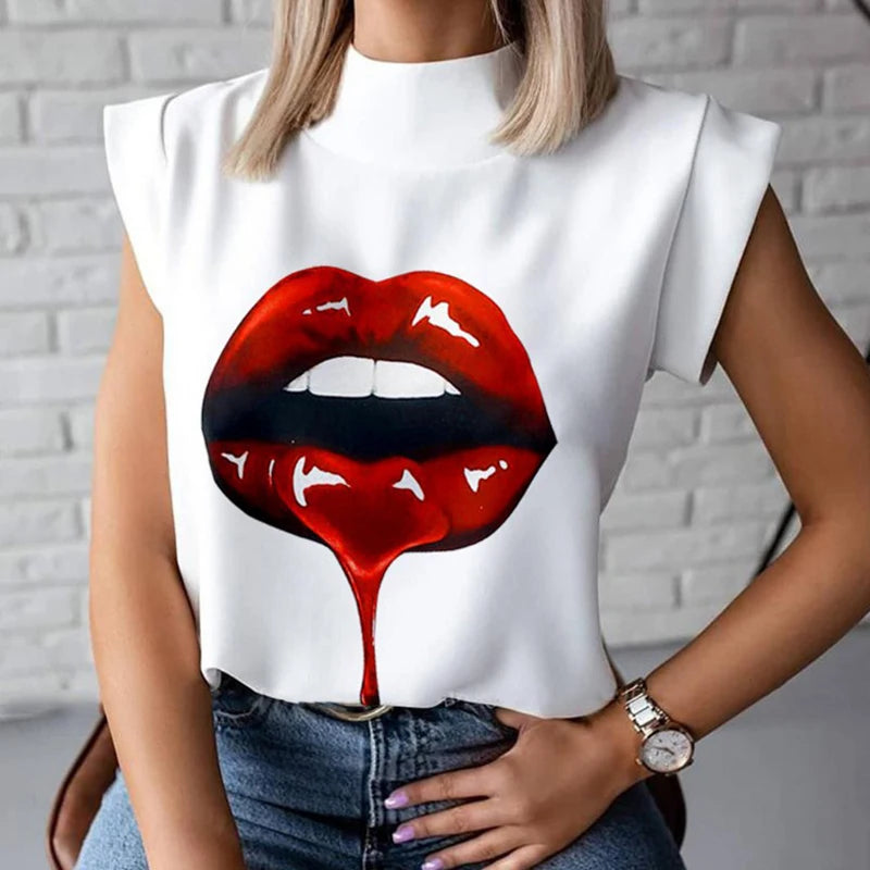 Fashion Women Elegant Lips Print Tops and Blouse Shirts 2024 Summer Ladies Office Casual Stand Neck Pullovers Eye Blusa Tops