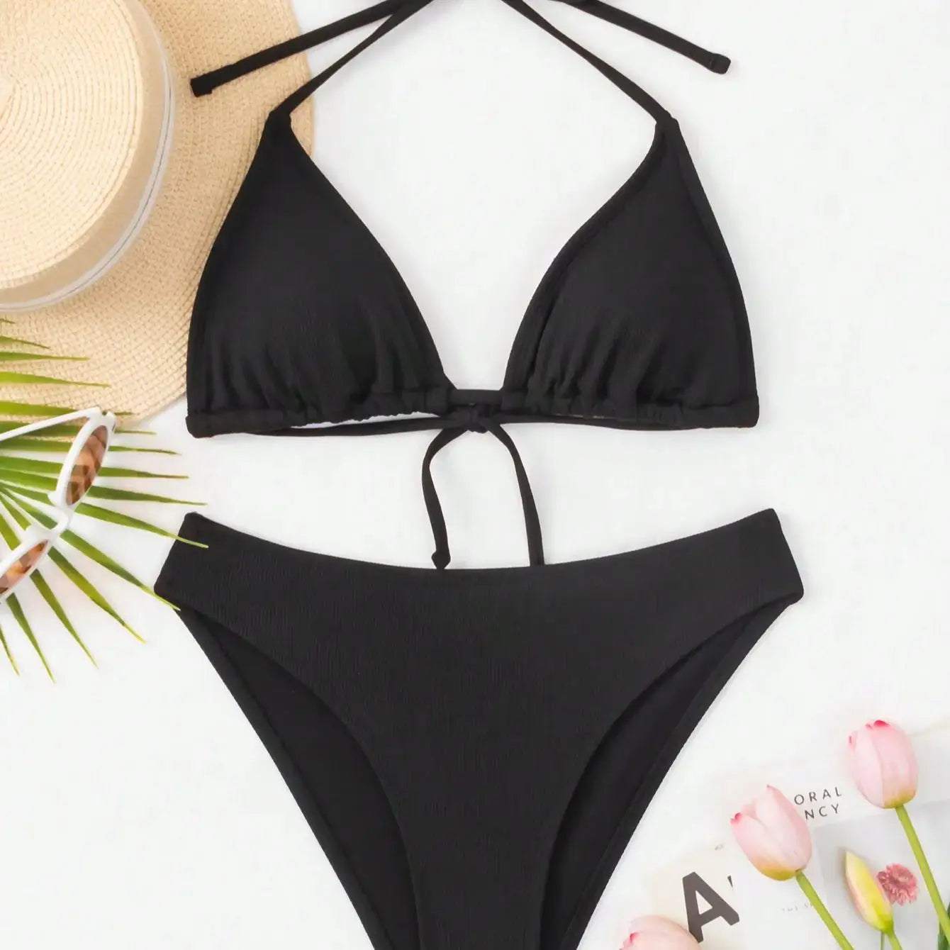 Ladies Bikini Suit sexy Knitted Triangle Cup Swimwear 2 Pieces Hanging Neck Bra beach shorts low waist briefs Swimming set