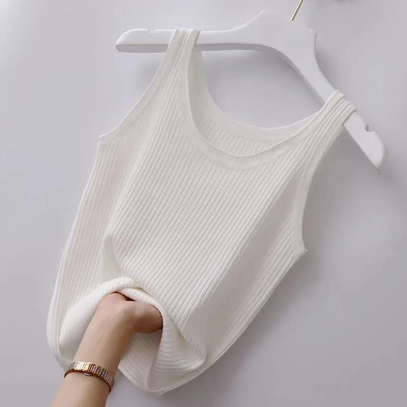 Summer Knit Vest Top sexy Sleeveless O Neck Women Camisole Pure Color Black White t-shirt Solid Color Slim Tank Top Camis Tees