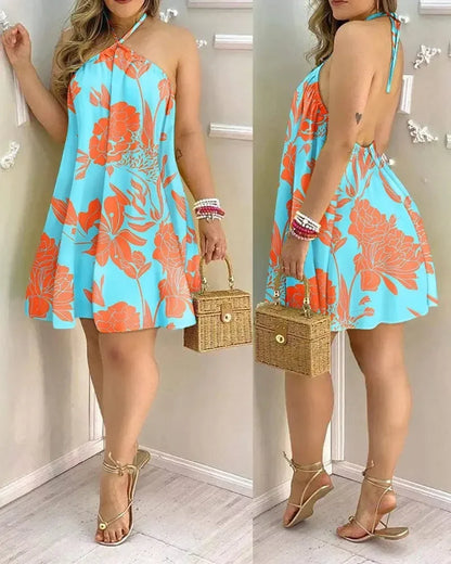 Dresses For Woman 2024 Sexy Sleeveless Backless Short Mini Dress Loose Halter Neck Print Beach Sundress Floral Vestidos S-3XL