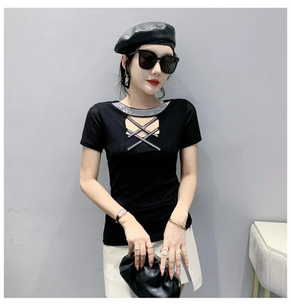 Girls Fake Diamonds O Neck T Shirts Crossed Hollow Out Summer Mesh Tops Lady Stretchy Slim Short Sleeve Chic Tshirt BH5067