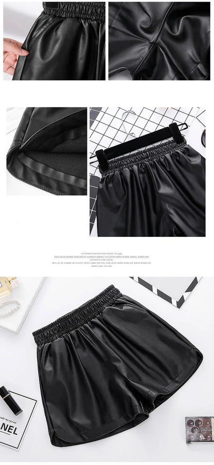 2023 Women Black PU Leather Shorts High Waist Wide Leg Faux Leather Short High Quality Winter Loose PU Shorts 3XL