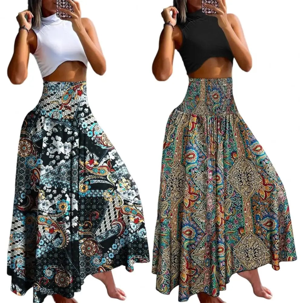 Women Maxi Skirt High Waist Wide Elastic Waist A-Line Retro Printed Skirt Summer Loose Fit Long Skirt Streetwear Платье Maxi