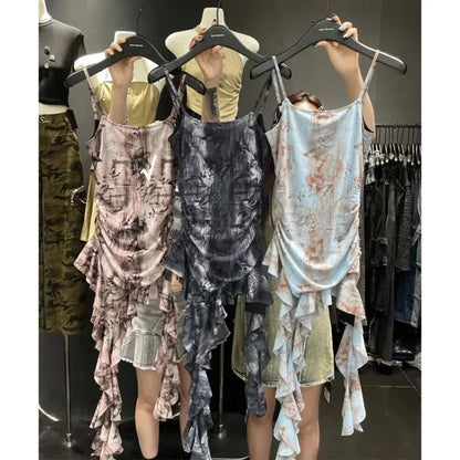 Sexy Irregular Slim Fit Ruffles Camisole Dresses 2024 Summer New Vest Dress for Women Vintage Tie Dye Print Vestidos Mujer