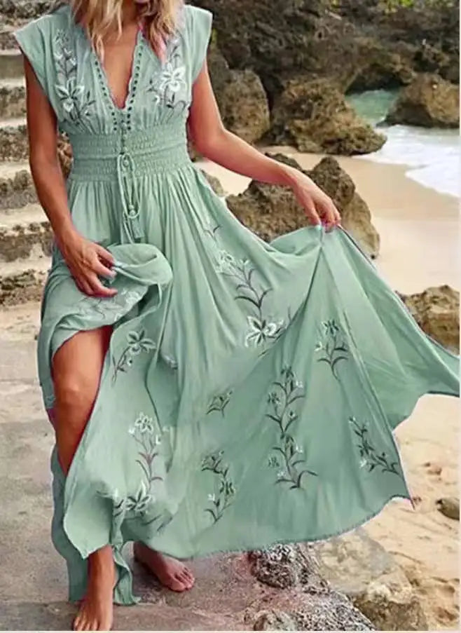 2024 New Summer Women's Deep V-neck Beach Bohemian Print Dress Ladies Sleeveless Sexy High Waist Lace-up Holiday Maxi Dress