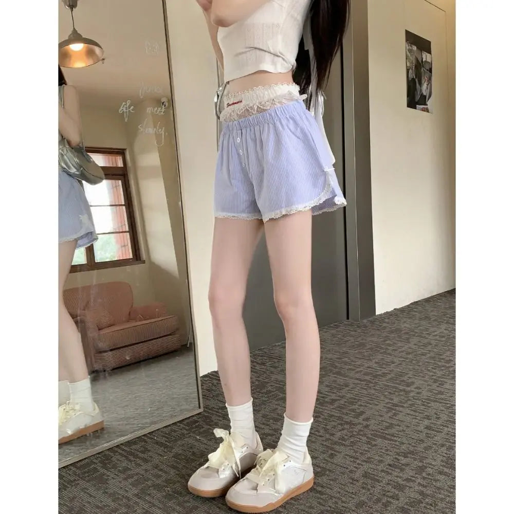 Sexy Cute Summer Striped Shorts Blue Pink Button Elastic Waist Shorts Lolita Lace Leggings For Women Girl