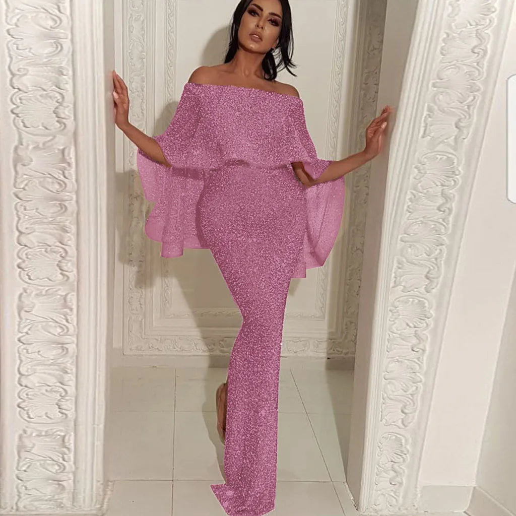 Elegant Party Dresses For Women Sexy Glitter Sequin Off Shoulder Tassel Back Slit Slim Ladies Cocktail Evening Party Dress