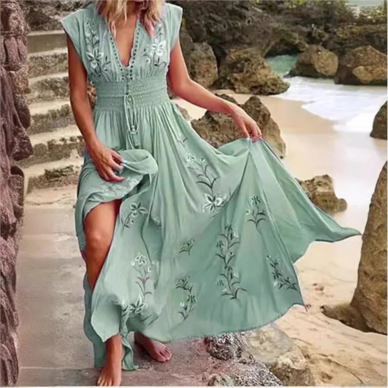 2024 New Summer Women's Deep V-neck Beach Bohemian Print Dress Ladies Sleeveless Sexy High Waist Lace-up Holiday Maxi Dress