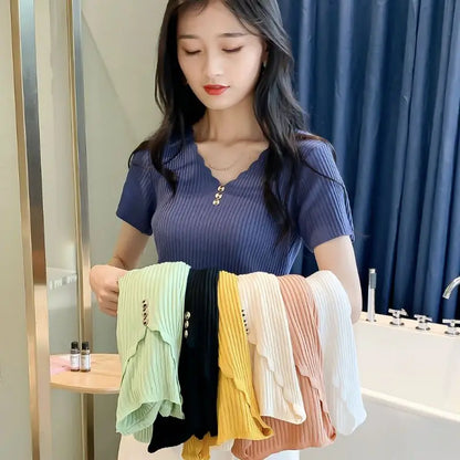 Korean Fashion Temperament Simple Summer Thin Ice Silk Short Sleeve T-shirt Women's Solid V-neck Patchwork Button Loose Knit Top