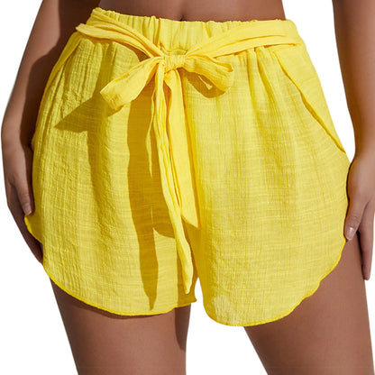 Solid Color Beach Trunks Thin Breathable Shorts Summer Bow Tie Lace Up Shorts For Women Female Beachwear Vacation Pantalones