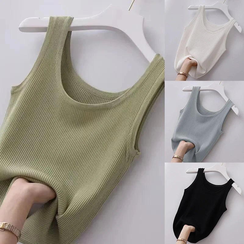 Summer Knit Vest Top sexy Sleeveless O Neck Women Camisole Pure Color Black White t-shirt Solid Color Slim Tank Top Camis Tees