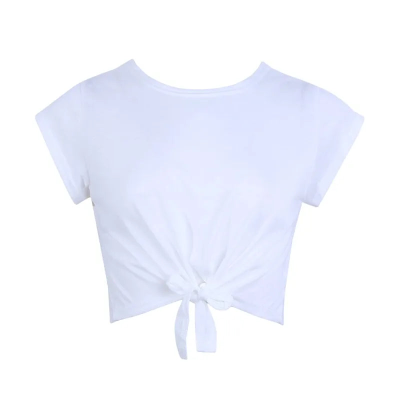 Knotted Tie Front Crop Tops Summer  Women Cropped T Shirt Casual Tanks Camis Casual O Neck Short Sleeve Solid Tees