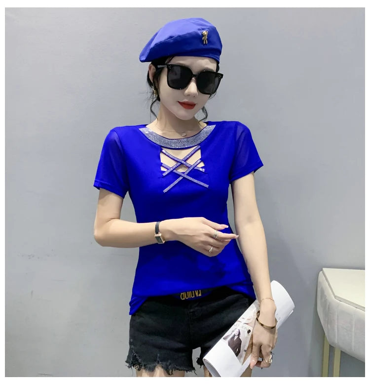 Girls Fake Diamonds O Neck T Shirts Crossed Hollow Out Summer Mesh Tops Lady Stretchy Slim Short Sleeve Chic Tshirt BH5067