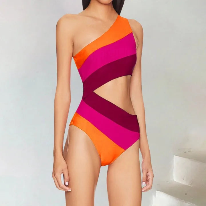 Cutout Color Block Swimwear Women'S Swimsuit One Shoulder Bathing Suit Women 2024 New Beach Strappy Swimwear Bikini