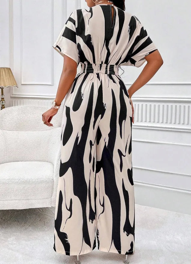 Sexy sleeveless women's V-neck jumpsuit, elegant suit with tight fitting print, one-piece, suitable for spring/summer 2024