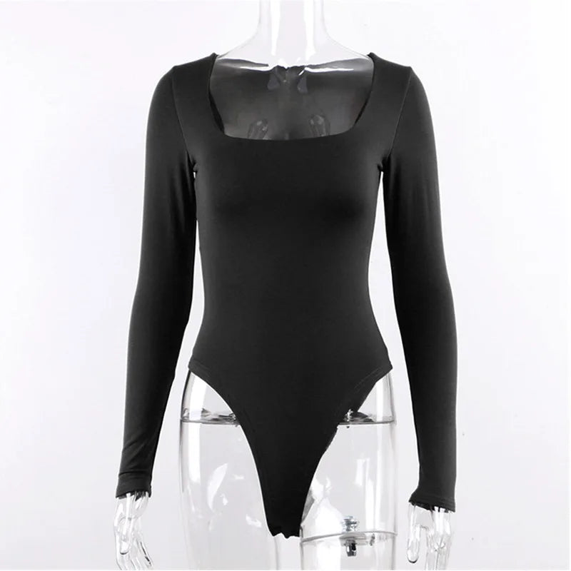 Bodysuit Long Sleeve Women Body streetwear dropshipping Forefair Sexy Bodycon Square Neck Sheath Crotch Basic Black Overalls To