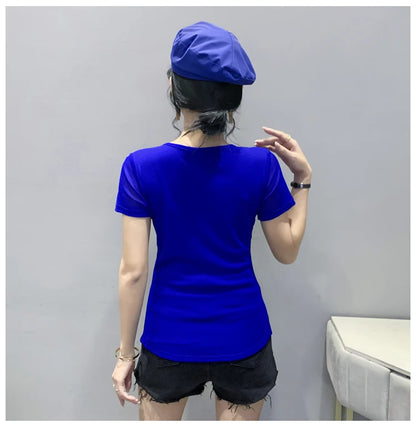 Girls Fake Diamonds O Neck T Shirts Crossed Hollow Out Summer Mesh Tops Lady Stretchy Slim Short Sleeve Chic Tshirt BH5067